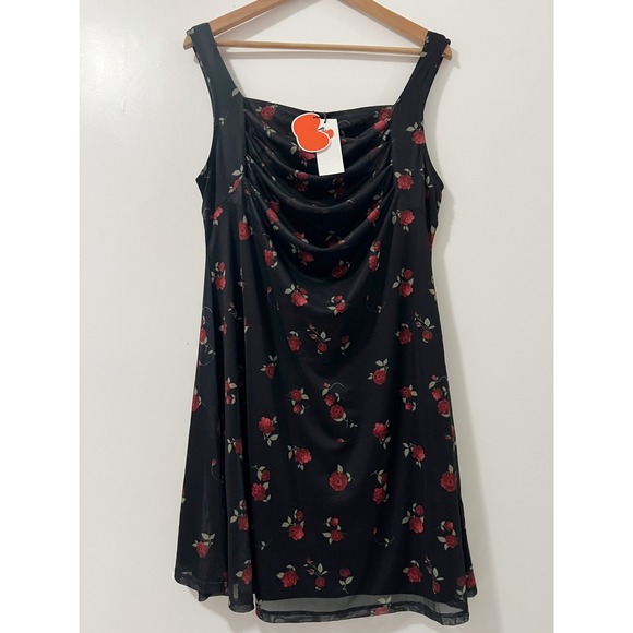 Cider Dresses & Skirts - Cider Black Red Rose Floral Mesh Cowl Neck Mini Dress Plus Size XL NWT